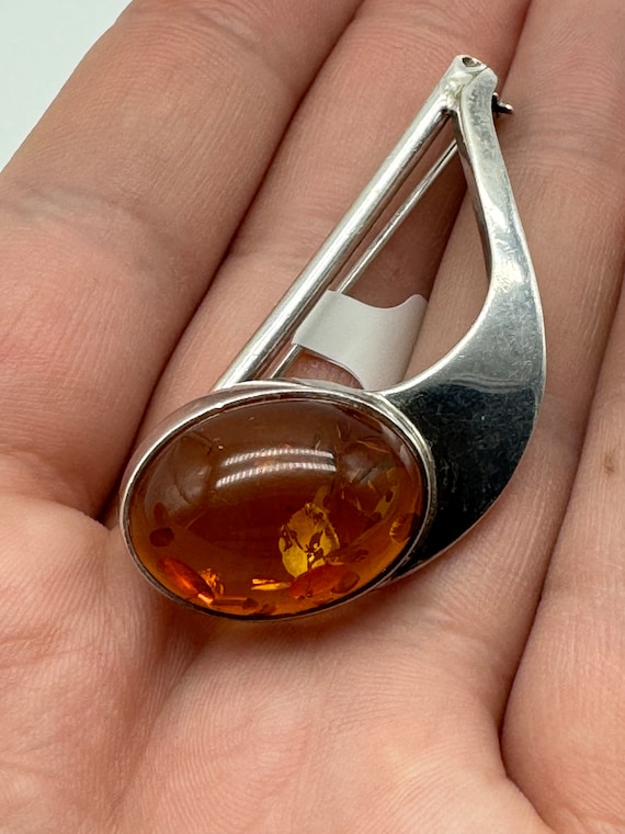 Vintage Sterling Silver Amber Brooch
