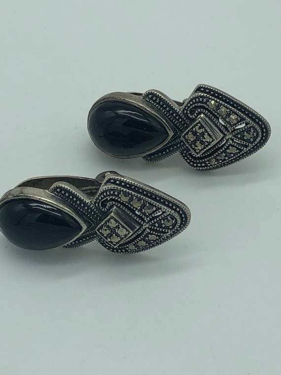 Vintage Sterling Silver Marcasite and Onyx Pierce… - image 4