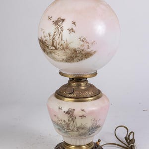 Antique Victorian Art Nouveau Gone With the Wind Hand Painted Little Girl and Birds Scene Lamp