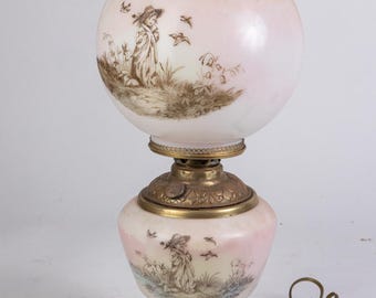 Antique Victorian Art Nouveau Gone With the Wind Hand Painted Little Girl and Birds Scene Lamp