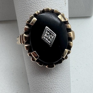 Antique 10k Men’s Onyx and Diamond Deco Ring
