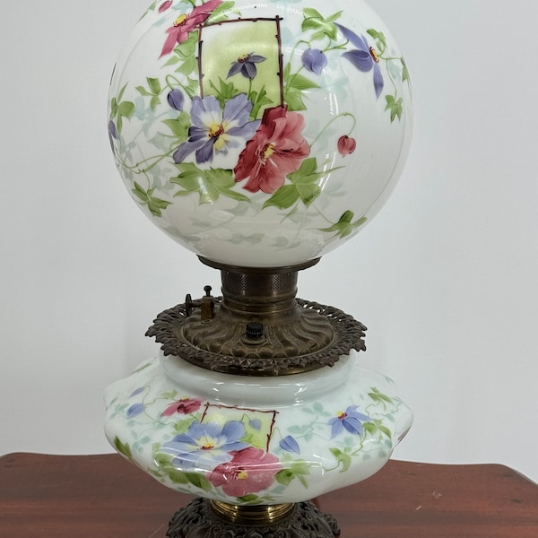 Antique White Milk Glass Gone With The Wind Lamp Hand Painted Flowers