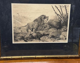 May include: A black and white framed print of a lion attacking a group of zebras. The print is set against a light beige background.