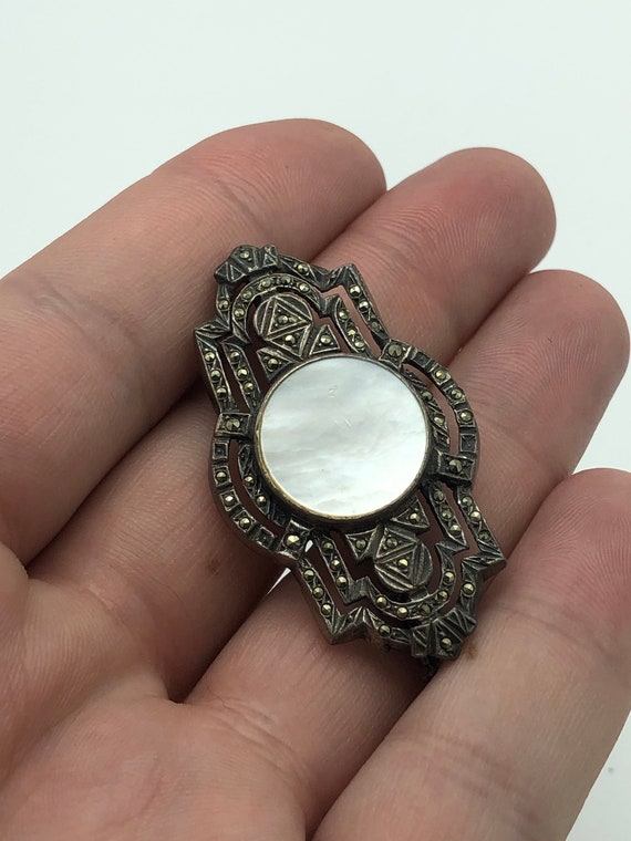 Antique Sterling Silver Marcasite Mother of Pearl… - image 3