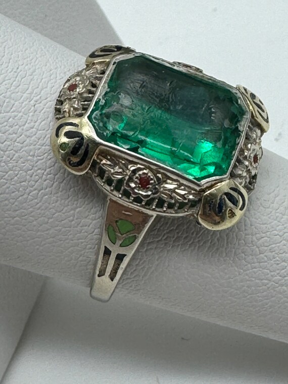 Antique 14k Art Deco Green Stone and Enamel Ring … - image 2