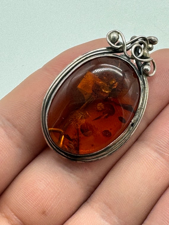 Vintage Sterling Silver Amber Brooch - image 1