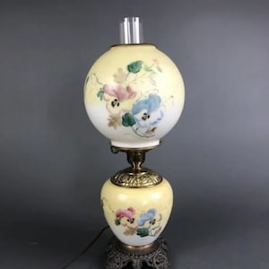 Antique Victorian Hand Painted Peony Pansy Gone With The Wind Lamp GWTW