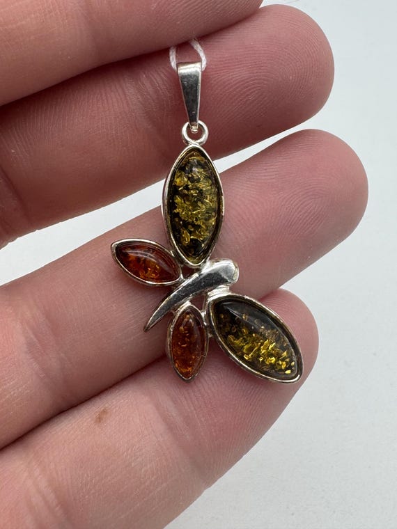 Vintage Sterling Silver Multicolor Amber Sideways Butterfly Pendant