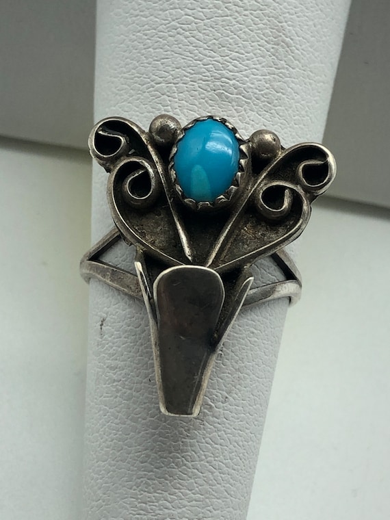 Vintage Native American Sterling Silver Turquoise Ring Deer Head