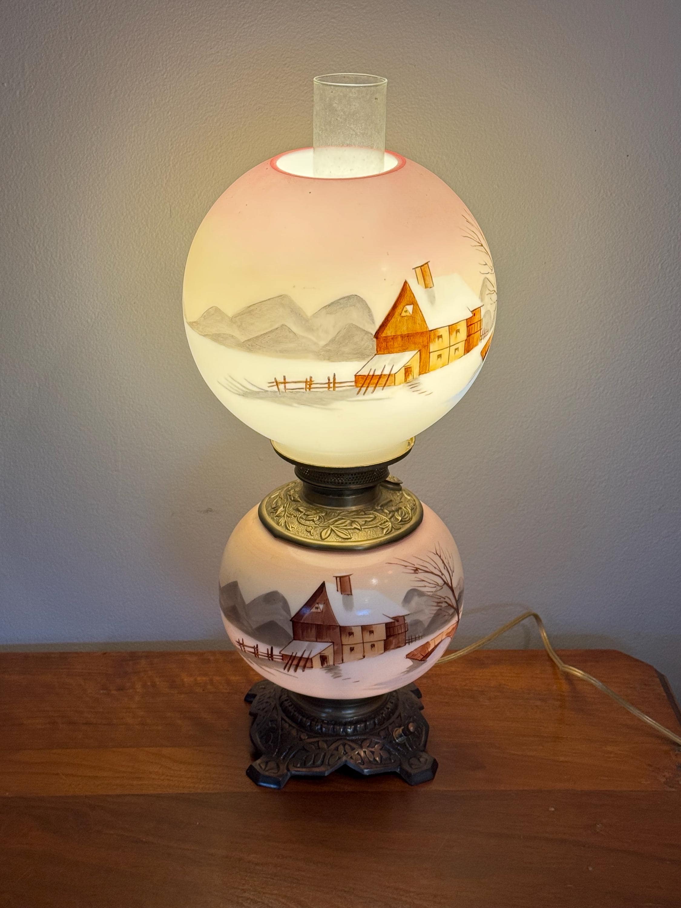 Antique Victorian Gone With the Wind Lamp Log Cabin Winter Snowy