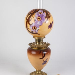 Antique Victorian Gone With the Wind Hand Painted Purple Clematis Floral Lamp