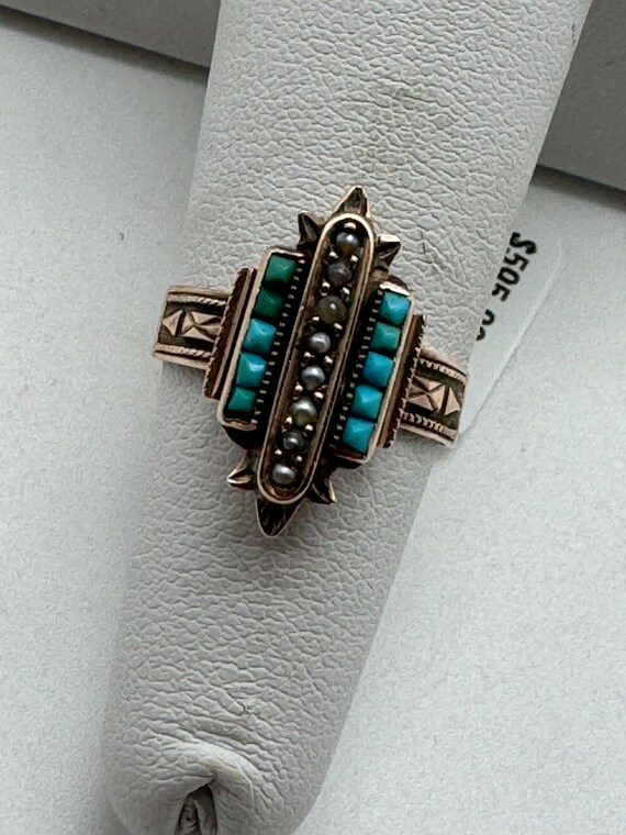 Antique Art Deco 14K Yellow Gold Turquoise Ring - image 1