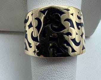 Enamel Wide Band Plique a Jour Ring Vintage 14k Yellow Gold Sz 10