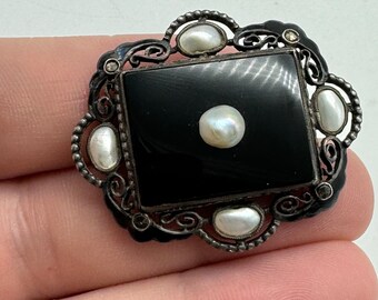 Antique Sterling Silver Art Deco Onyx Pearl and Marcasite Brooch