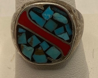 Vintage Sterling Silver Turquoise and Coral Ring
