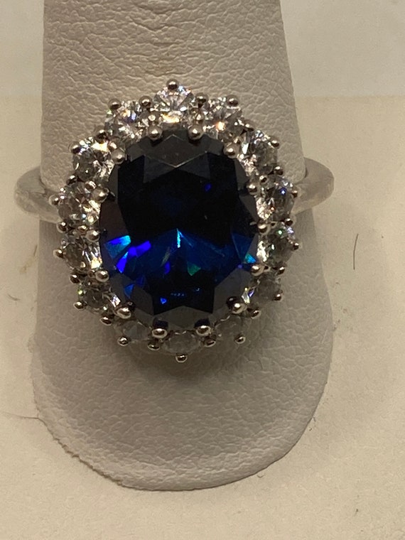 Vintage Sterling Silver Lab Blue Sapphire and CZ H