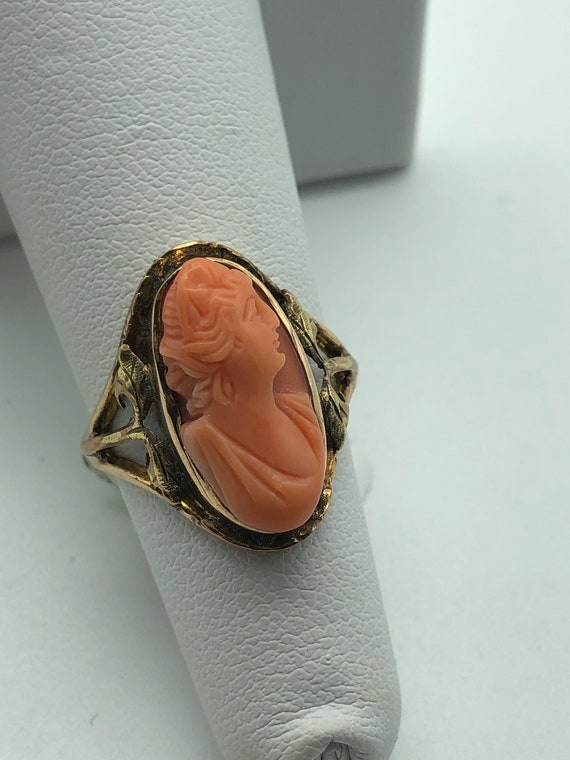 10k Art Deco Coral Cameo Ring Filigree