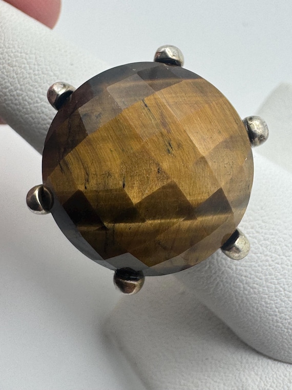 Vintage Huge Chunky Sterling Silver Tigers Eye Faceted Ring