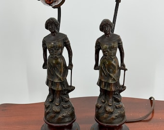 Antique Art Nouveau French Spelter Pair of Lamps