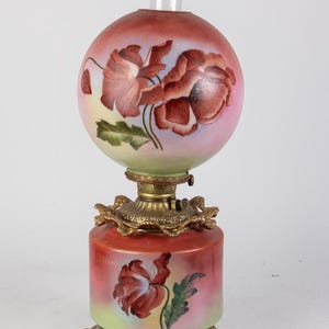 Antique Victorian Gone With the Wind Hand Painted Red Poppy Floral Lamp
