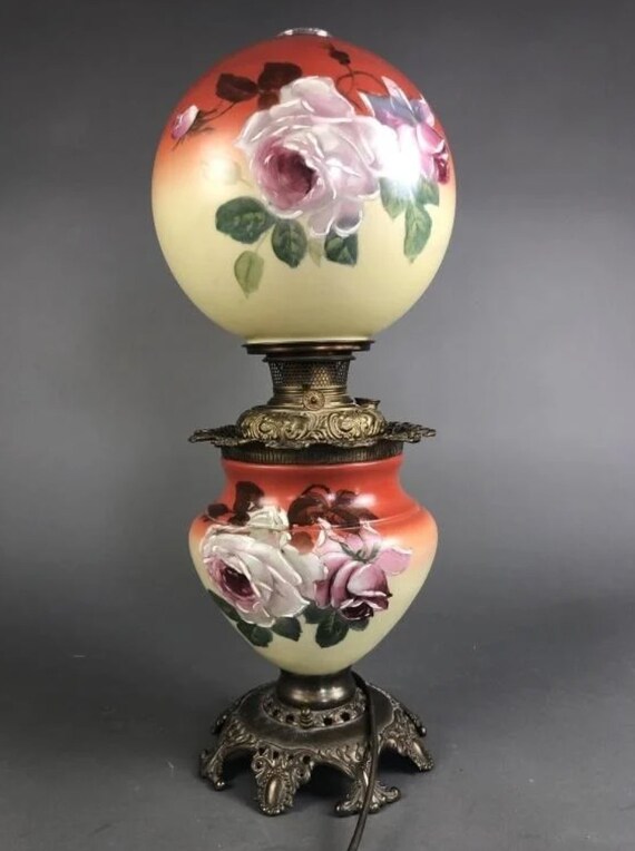 Antique Victorian Hand Painted Rosses Gone With the Wind Lamp