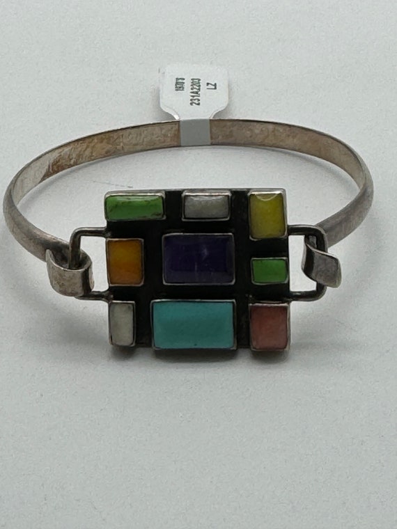 Vintage Sterling Silver Geometric Multicolor Bangl