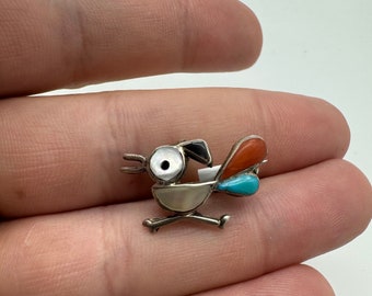 Vintage Sterling Silver Turquoise Roadrunner Zuni Brooch Pin