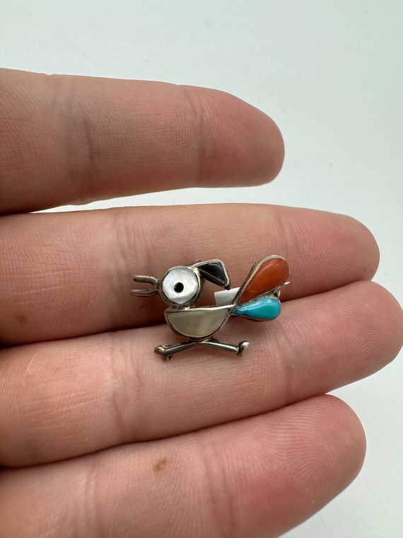 Vintage Sterling Zuni Roadrunner Pin, Inlaid Stones, … Gem