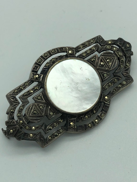 Antique Sterling Silver Marcasite Mother of Pearl… - image 1