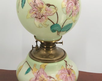 Antique Victorian Hand Painted Tiger Lilly Gone With The Wind Lamp