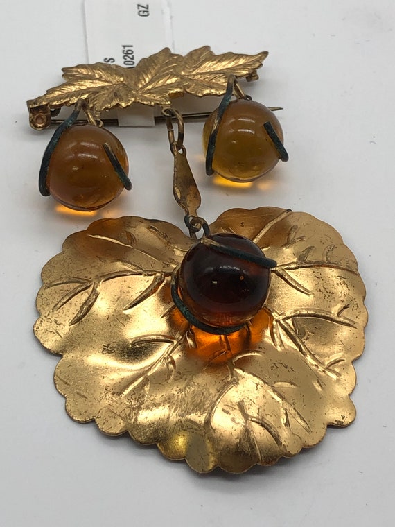 Antique Gold Grape Cluster Glass Brooch