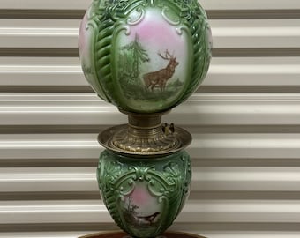 Very Very Rare Antique Victorian Gone With the Wind Lamp Hand Painted Puffy Consolidated Hunting Dog Lamp Green and Pink