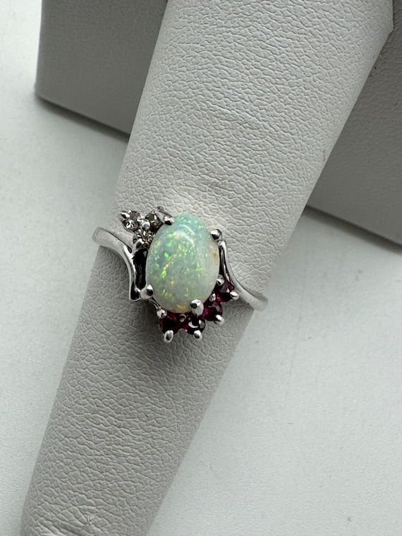 14k White gold Diamond Opal and Ruby Ring