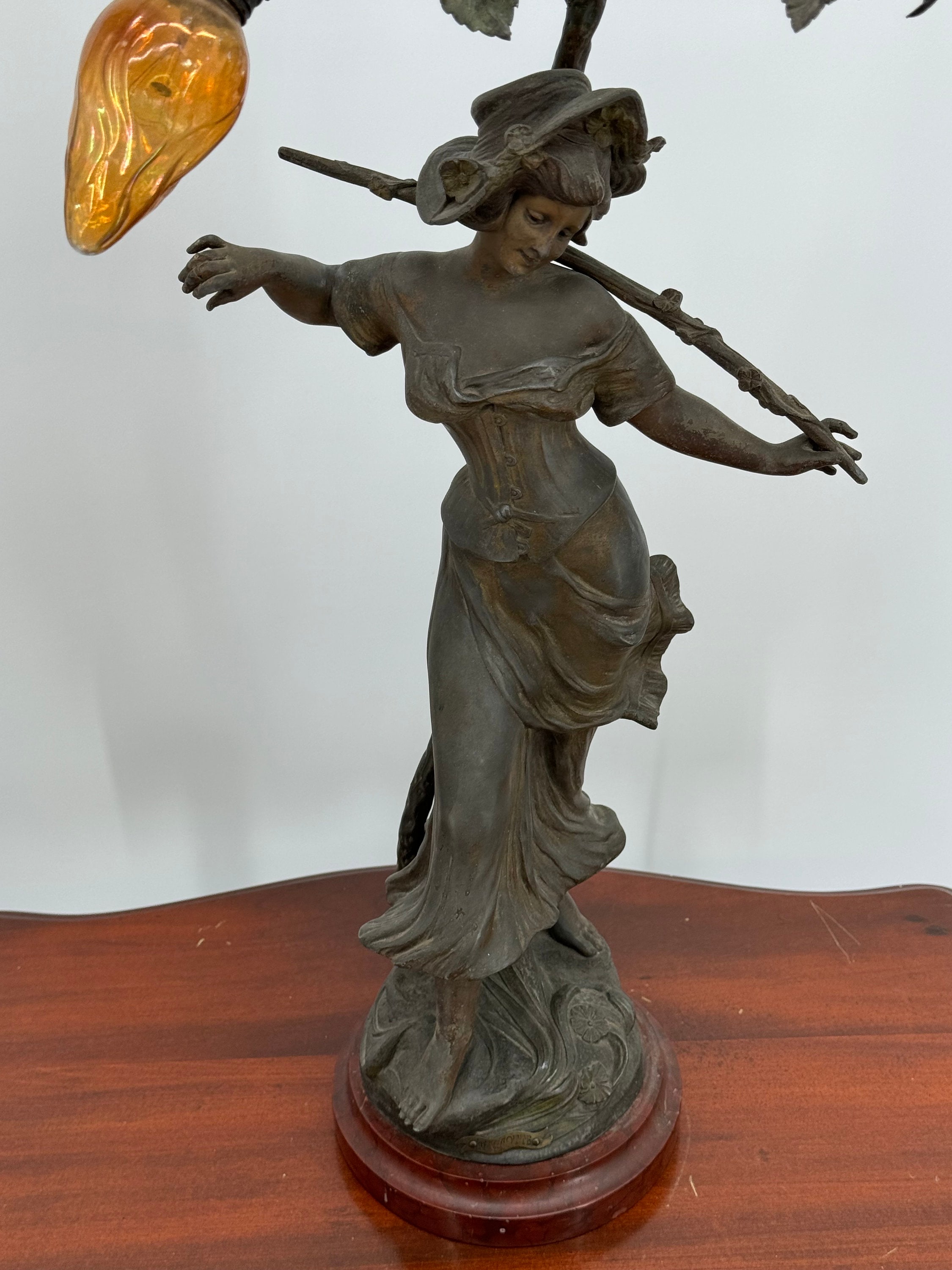 Antique French Spelter Bronze Art Nouveau Newel Post Lamp Lady