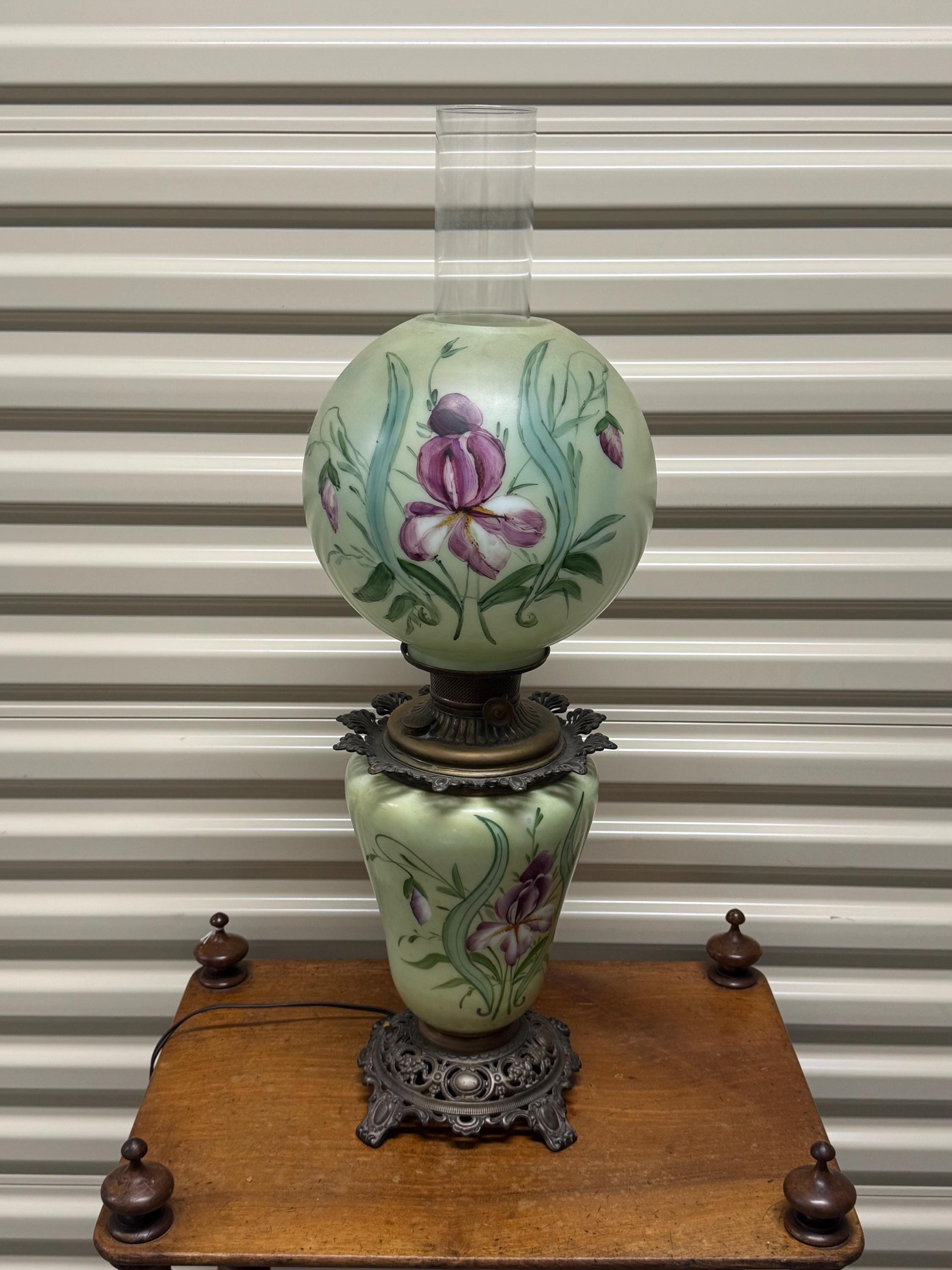 Green Purple Victorian Iris Hand Painted Gone With the Wind Lamp