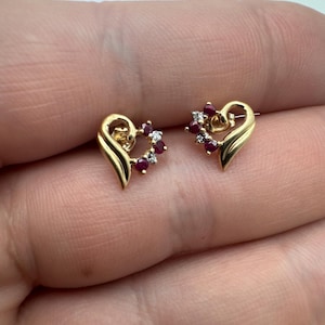 Vintage 14k Yellow Gold Diamond and Ruby Heart Studs