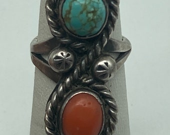 Vintage sterling silver turquoise, coral ring