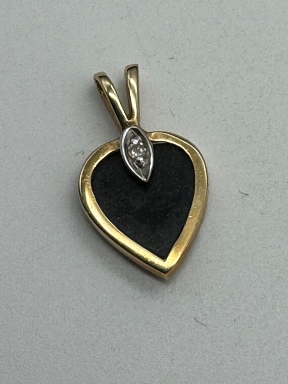 Antique 14k yellow gold diamond and onyx heart pe… - image 1