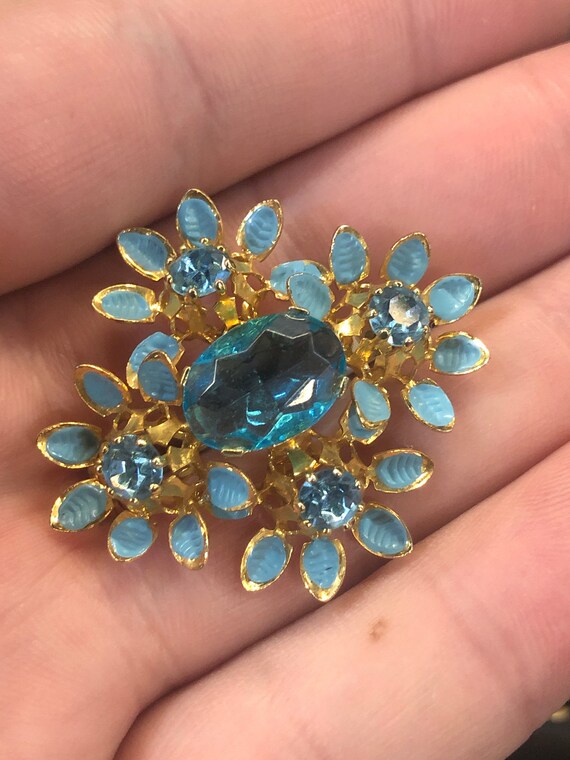 Vintage Blue Enamel Austria Rhinestone Brooch