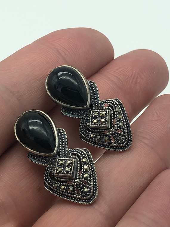 Vintage Sterling Silver Marcasite and Onyx Pierce… - image 1
