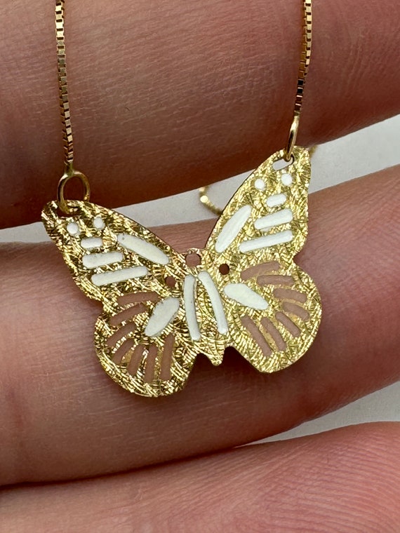 14K Yellow Gold Butterfly Enamel Necklace - image 2