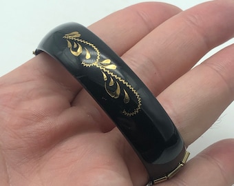 Antique Victorian Black Gold Filled Cuff Bangle Bracelet Mourning Black