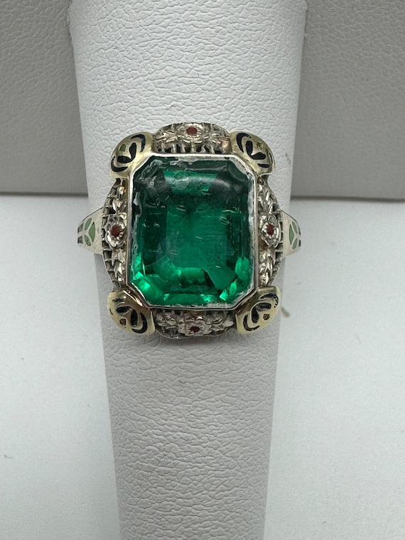 Antique 14k Art Deco Green Stone and Enamel Ring r