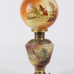 Antique Victorian Gone With the Wind Hand Painted Chickens Farm Scene Lamp
