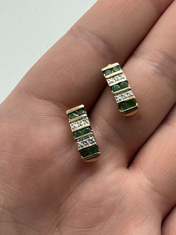 14K Two Tone Emerald and Diamond Earrings