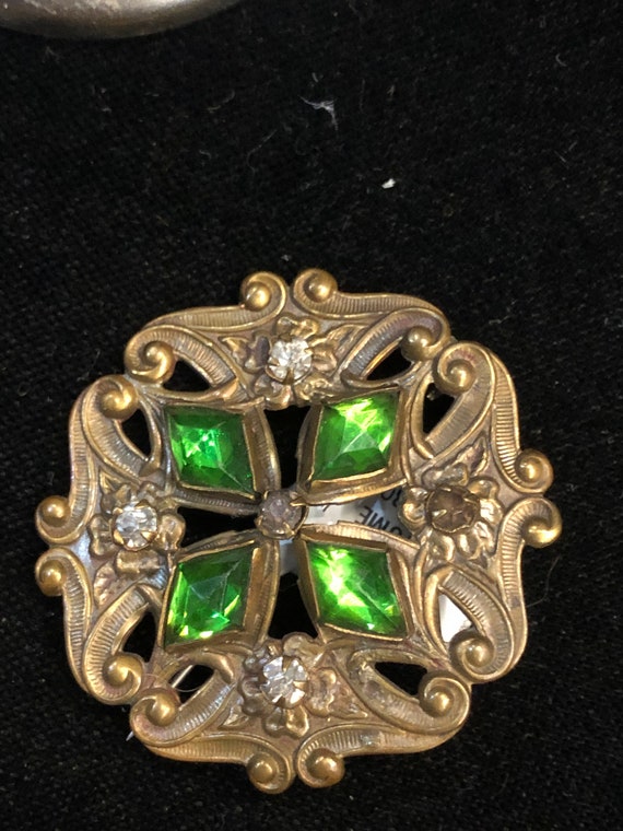 Antique Art Nouveau Green and Clear Cz Brooch