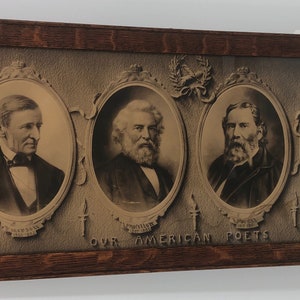 May include: A framed sepia-toned photograph of six men in oval portraits. The men are all wearing suits and ties. The text "Our American Poets" is printed below the portraits.