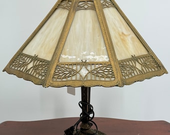 Antique Art Nouveau Slag Glass Panel Lamp