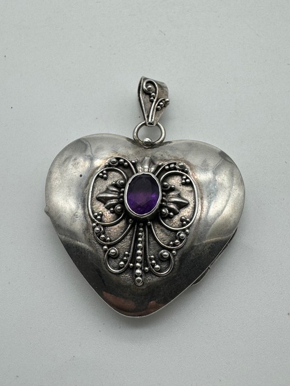 Vintage Sterling Silver Heart Amethyst Locket