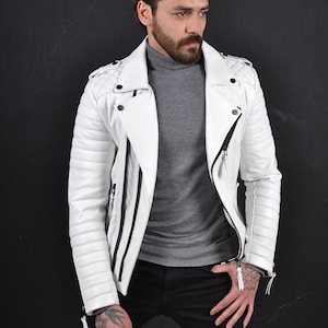 Handmade White Lamb Leather Biker Jacket: Quilted Seam Classic Style